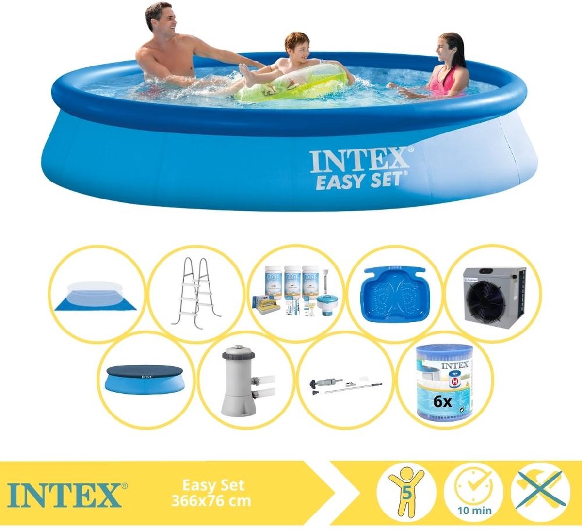   Easy Set Zwembad - Opblaaszwembad - 366x76 cm - Inclusief Afdekzeil, Onderhoudspakket, Zwembadpomp, Filter, Grondzeil, Stofzuiger, Trap, Voetenbad en Warmtepomp CP
