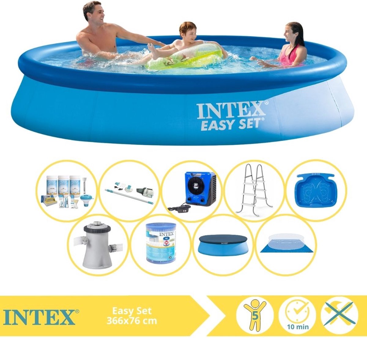 Intex Easy Set Zwembad - Opblaaszwembad - 366x76 cm - Inclusief Afdekzeil, Onderhoudspakket, Zwembadpomp, Filter, Grondzeil, Stofzuiger, Trap, Voetenbad en Warmtepomp HS