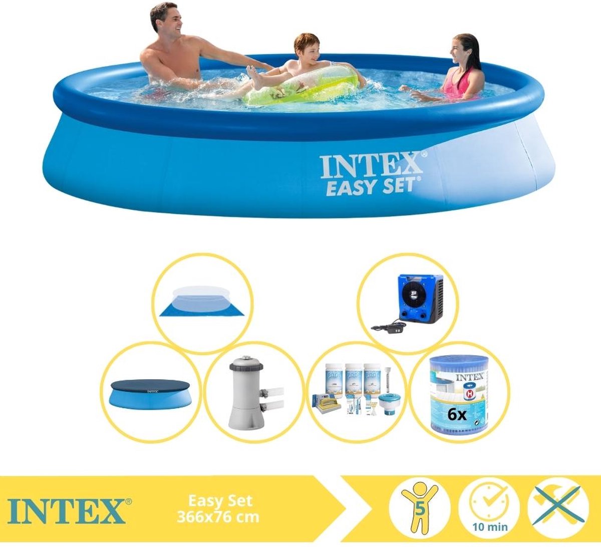 Intex Easy Set Zwembad - Opblaaszwembad - 366x76 cm - Inclusief Afdekzeil, Onderhoudspakket, Zwembadpomp, Filter, Grondzeil en Warmtepomp HS