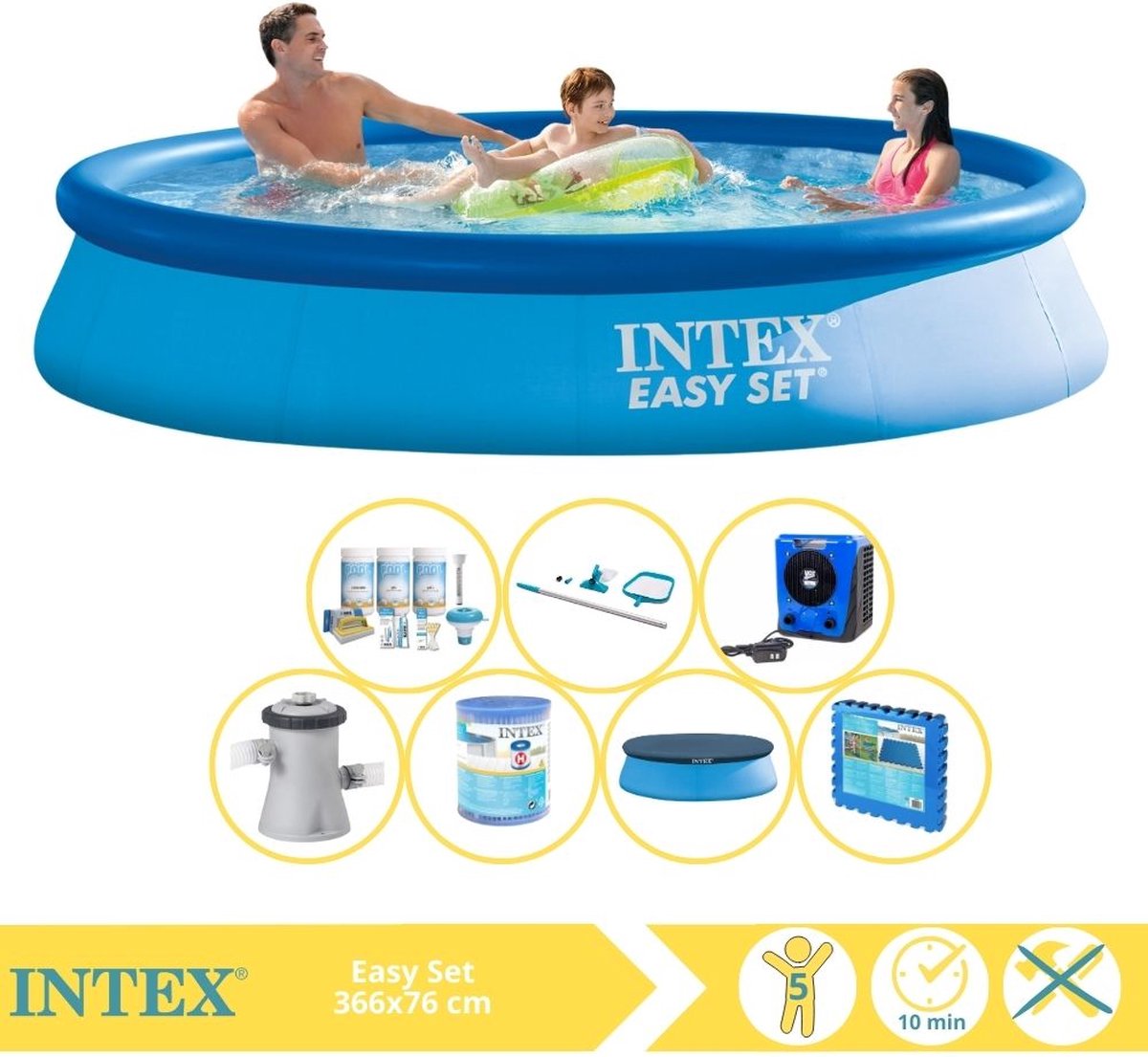 Intex Easy Set Zwembad - Opblaaszwembad - 366x76 cm - Inclusief Afdekzeil, Onderhoudspakket, Zwembadpomp, Filter, Onderhoudsset, Zwembadtegels en Warmtepomp HS