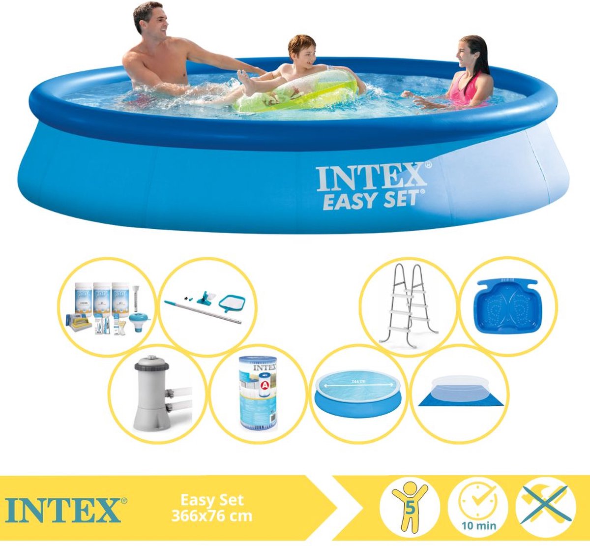   Easy Set Zwembad - Opblaaszwembad - 366x76 cm - Inclusief Solarzeil, Onderhoudspakket, Zwembadpomp, Filter, Grondzeil, Onderhoudsset, Trap en Voetenbad