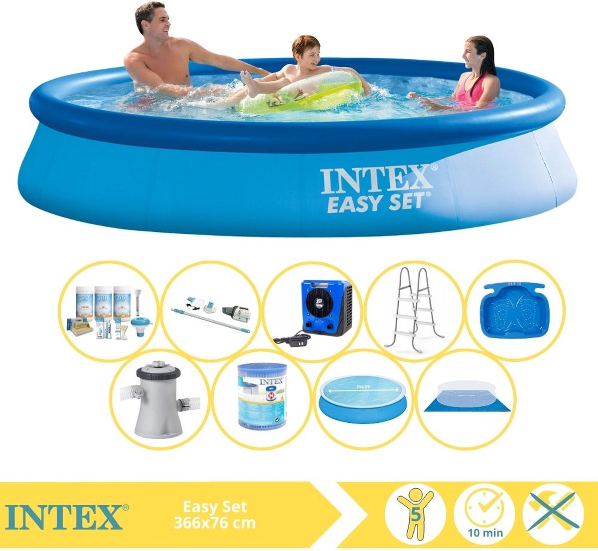 Intex Easy Set Zwembad - Opblaaszwembad - 366x76 cm - Inclusief Solarzeil, Onderhoudspakket, Zwembadpomp, Filter, Grondzeil, Stofzuiger, Trap, Voetenbad en Warmtepomp HS