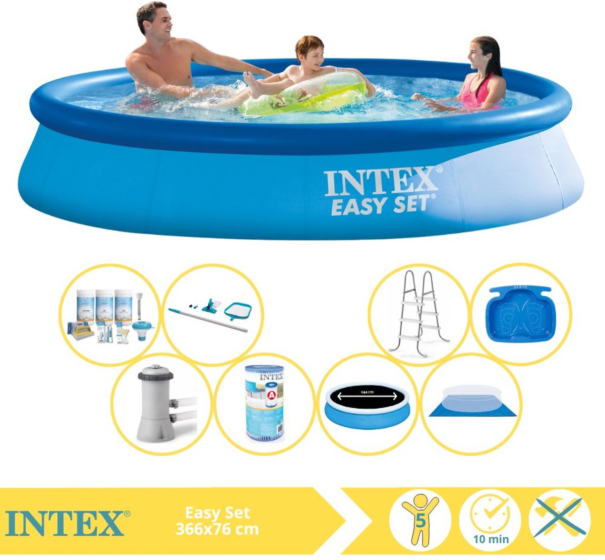   Easy Set Zwembad - Opblaaszwembad - 366x76 cm - Inclusief Solarzeil Pro, Onderhoudspakket, Zwembadpomp, Filter, Grondzeil, Onderhoudsset, Trap en Voetenbad