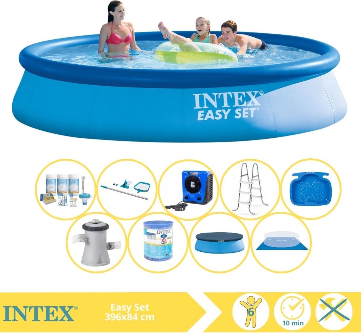 Intex Easy Set Zwembad - Opblaaszwembad - 396x84 cm - Inclusief Afdekzeil, Onderhoudspakket, Filter, Grondzeil, Onderhoudsset, Trap, Voetenbad en Warmtepomp HS