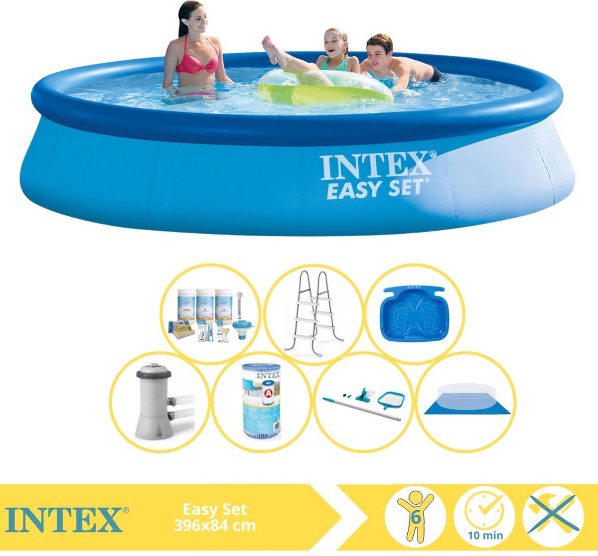   Easy Set Zwembad - Opblaaszwembad - 396x84 cm - Inclusief Onderhoudspakket, Filter, Grondzeil, Onderhoudsset, Trap en Voetenbad