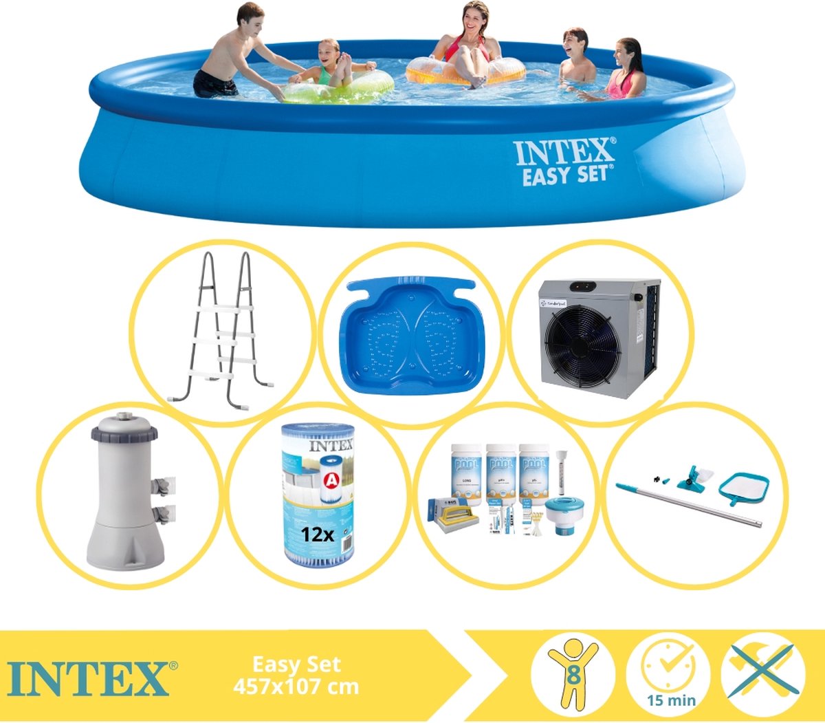   Easy Set Zwembad - Opblaaszwembad - 457x107 cm - Inclusief Onderhoudspakket, Filter, Onderhoudsset, Trap, Voetenbad en Warmtepomp CP