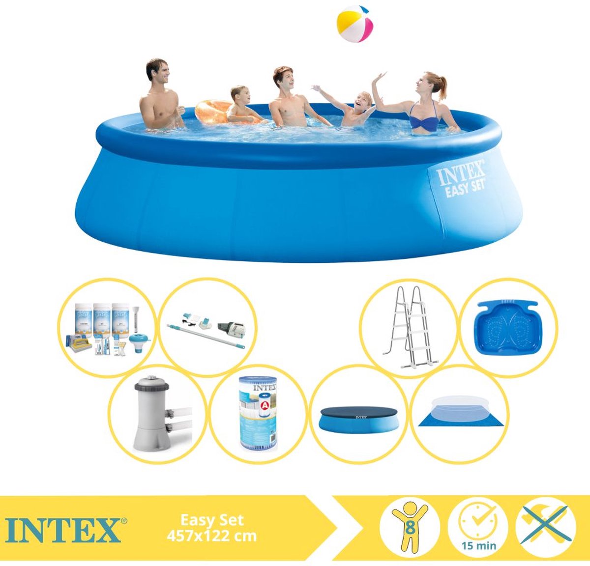   Easy Set Zwembad - Opblaaszwembad - 457x122 cm - Inclusief Onderhoudspakket, Filter, Stofzuiger en Voetenbad