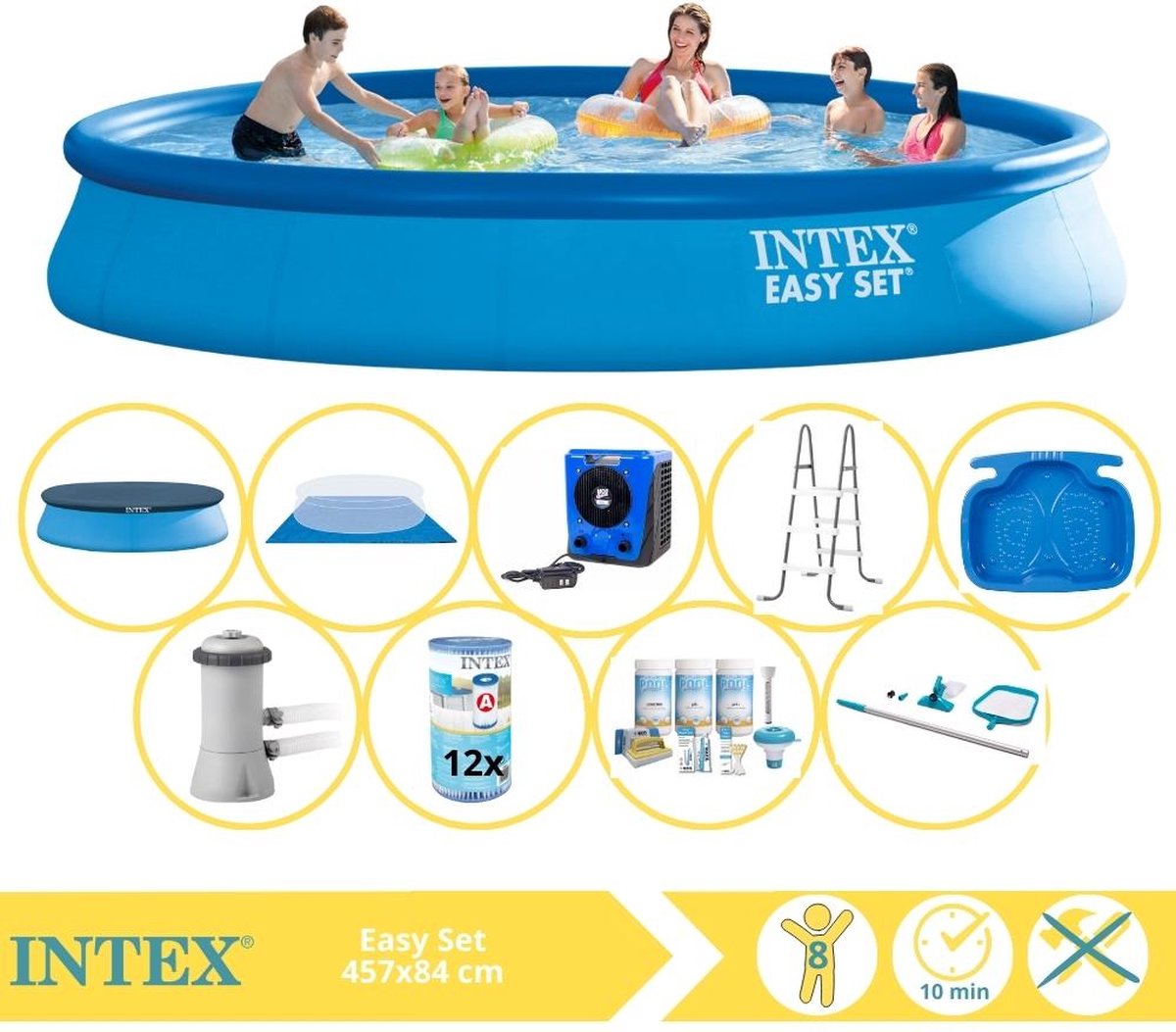   Easy Set Zwembad - Opblaaszwembad - 457x84 cm - Inclusief Afdekzeil, Onderhoudspakket, Filter, Grondzeil, Onderhoudsset, Trap, Voetenbad en Warmtepomp HS
