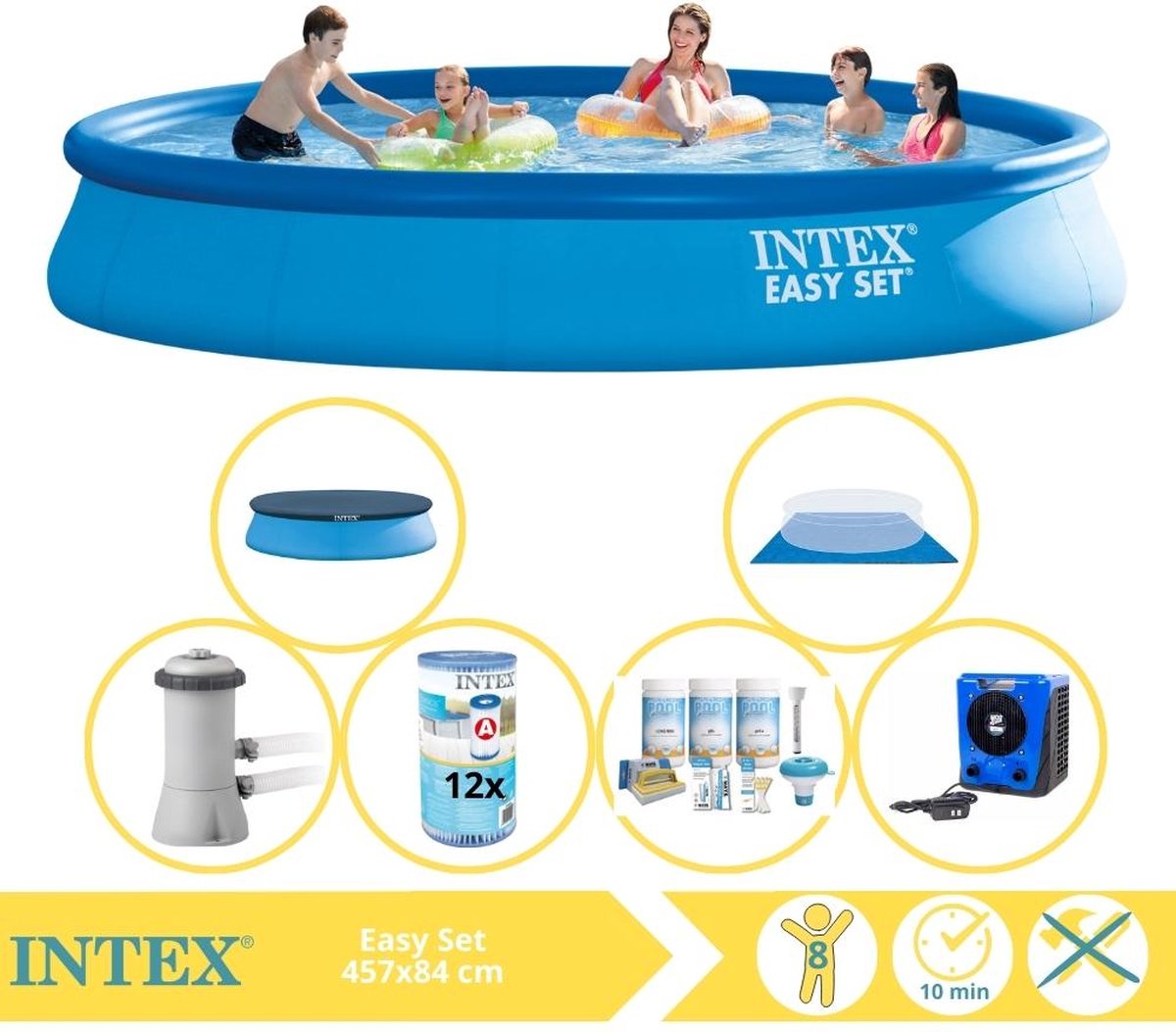 Intex Easy Set Zwembad - Opblaaszwembad - 457x84 cm - Inclusief Afdekzeil, Onderhoudspakket, Filter, Grondzeil, Stofzuiger en Warmtepomp HS