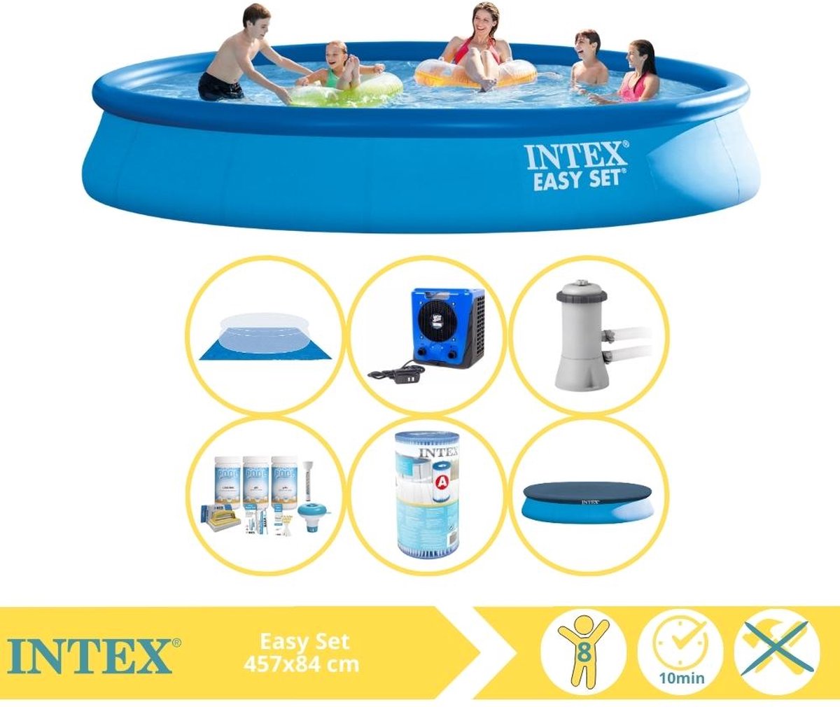 Intex Easy Set Zwembad - Opblaaszwembad - 457x84 cm - Inclusief Afdekzeil, Onderhoudspakket, Filter, Grondzeil en Warmtepomp HS