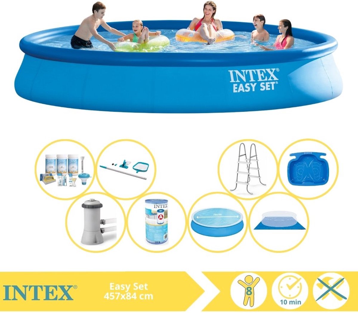   Easy Set Zwembad - Opblaaszwembad - 457x84 cm - Inclusief Comfortpool Solarzeil - Ã¸457 cm Onderhoudspakket, Filter, Grondzeil, Onderhoudsset, Trap en Voetenbad