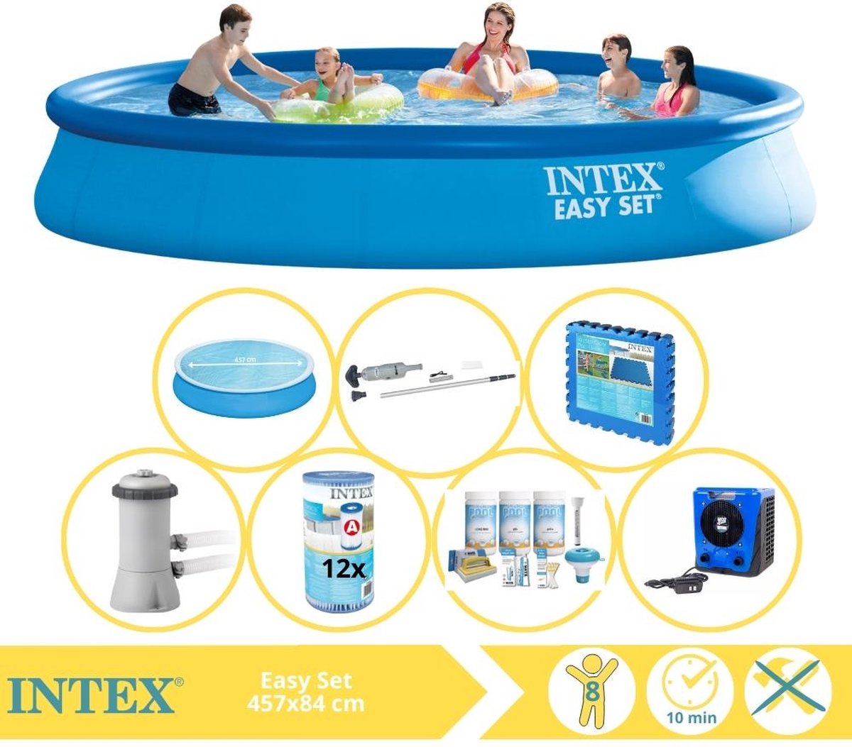 Intex Easy Set Zwembad - Opblaaszwembad - 457x84 cm - Inclusief Comfortpool Solarzeil - Ã¸457 cm Onderhoudspakket, Filter, Stofzuiger, Zwembadtegels en Warmtepomp HS