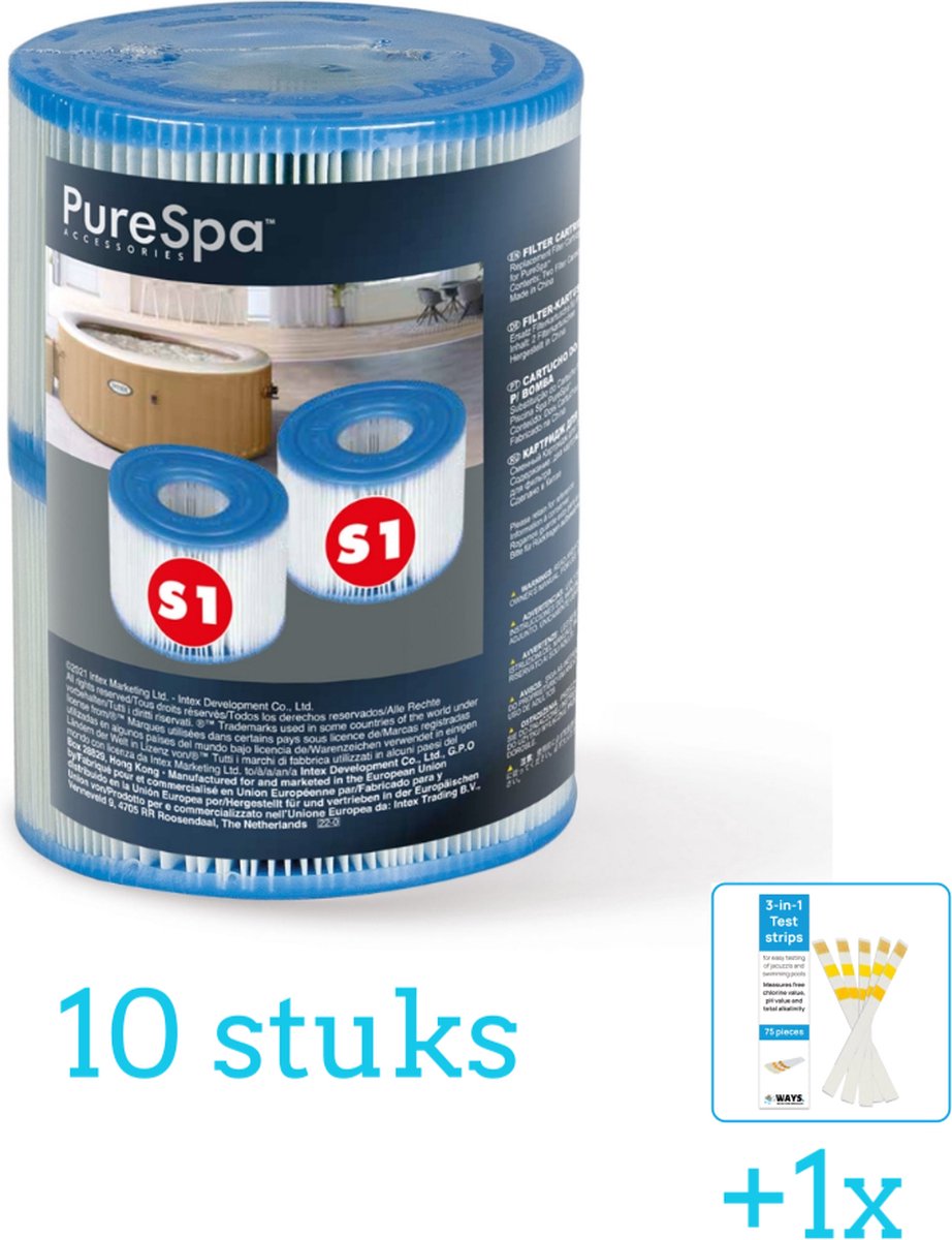   Filter Cartridge S1 voor Opblaas Spa Jacuzzi (per 2 verpakt) - 10 stuks - Voordeelverpakking - Inclusief WAYS Testrips (1 stuks) - Geschikt voor   Spa