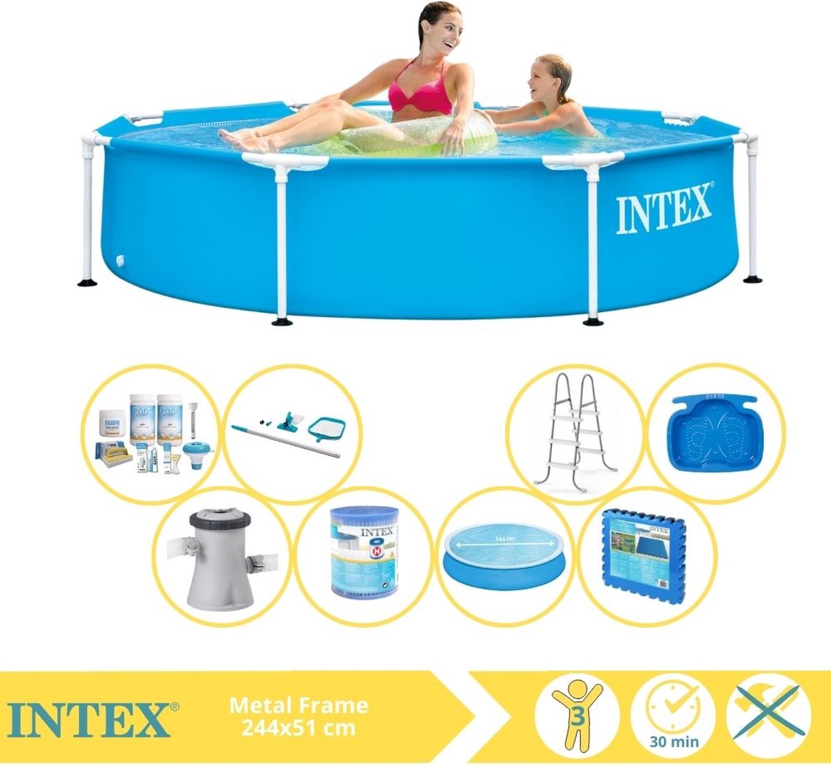   Metal Frame Zwembad - Opzetzwembad - 244x51 cm - Inclusief Solarzeil, Onderhoudspakket, Zwembadpomp, Filter, Onderhoudsset, Trap, Voetenbad en Zwembadtegels