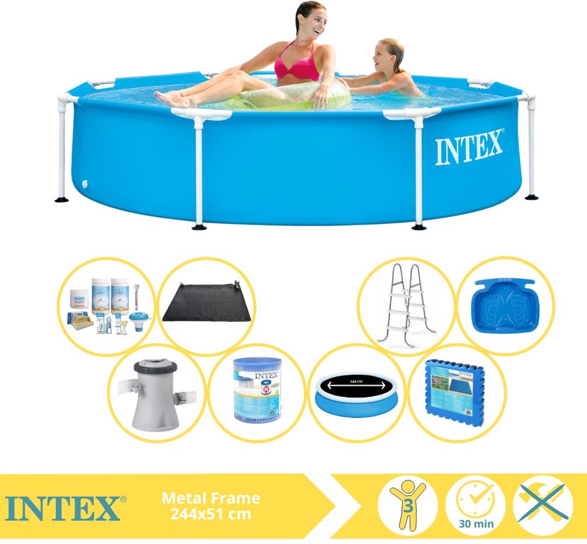   Metal Frame Zwembad - Opzetzwembad - 244x51 cm - Inclusief Solarzeil Pro, Onderhoudspakket, Zwembadpomp, Filter, Solar Mat, Trap, Voetenbad en Zwembadtegels
