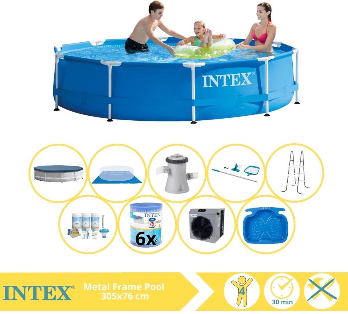   Metal Frame Zwembad - Opzetzwembad - 305x76 cm - Inclusief Afdekzeil, Onderhoudspakket, Filter, Grondzeil, Onderhoudsset, Trap, Voetenbad en Warmtepomp CP