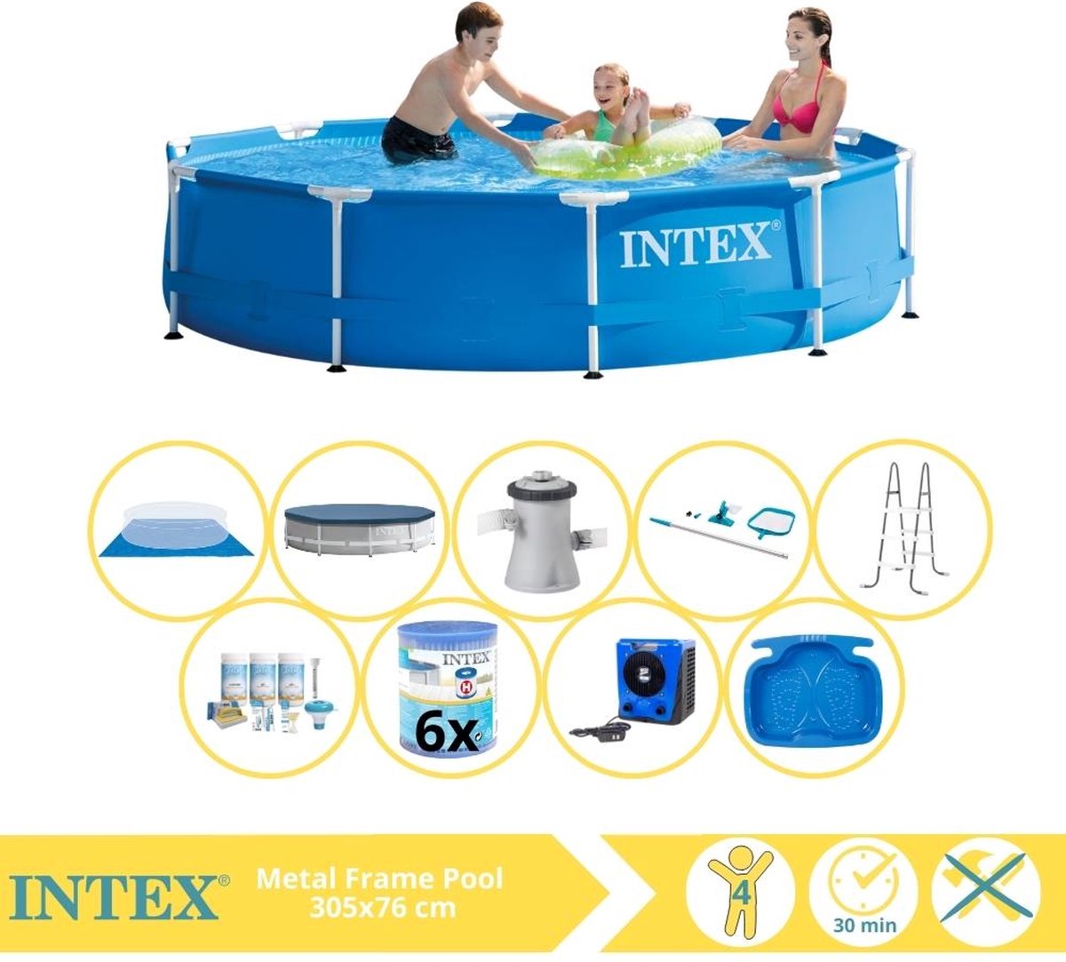 Intex Metal Frame Zwembad - Opzetzwembad - 305x76 cm - Inclusief Afdekzeil, Onderhoudspakket, Filter, Grondzeil, Onderhoudsset, Trap, Voetenbad en Warmtepomp HS