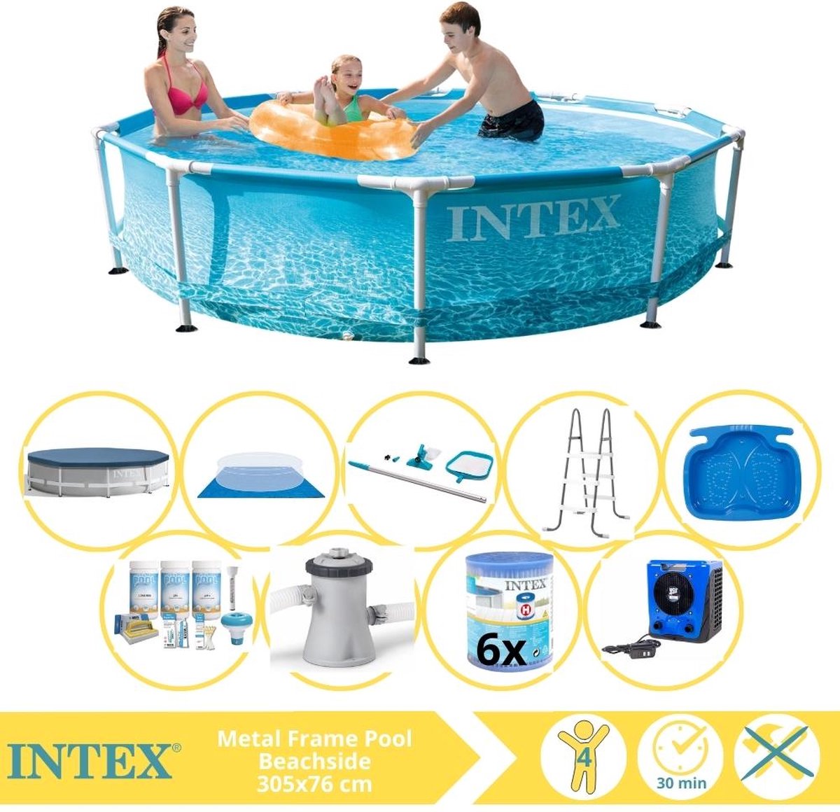 Intex Metal Frame Zwembad - Opzetzwembad - 305x76 cm - Inclusief Afdekzeil, Onderhoudspakket, Zwembadpomp, Filter, Grondzeil, Onderhoudsset, Trap, Voetenbad en Warmtepomp HS