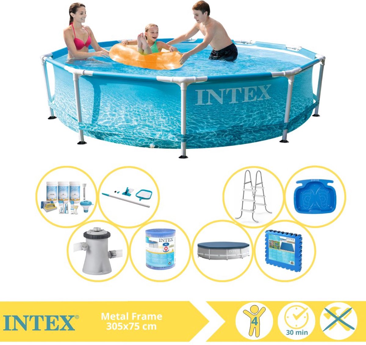   Metal Frame Zwembad - Opzetzwembad - 305x76 cm - Inclusief Afdekzeil, Onderhoudspakket, Zwembadpomp, Filter, Onderhoudsset, Trap, Voetenbad en Zwembadtegels