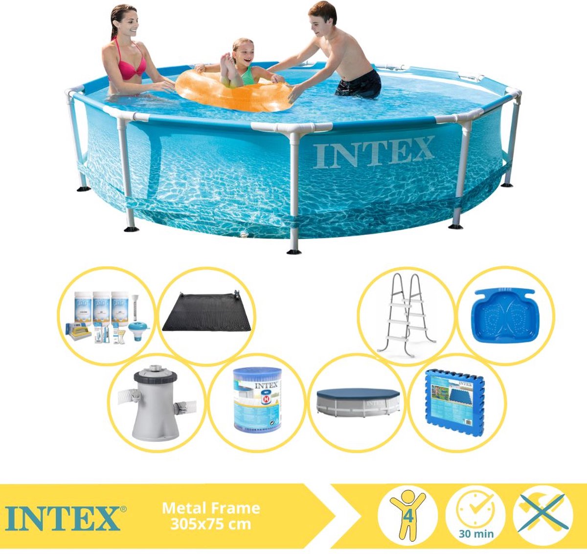   Metal Frame Zwembad - Opzetzwembad - 305x76 cm - Inclusief Afdekzeil, Onderhoudspakket, Zwembadpomp, Filter, Solar Mat, Trap, Voetenbad en Zwembadtegels