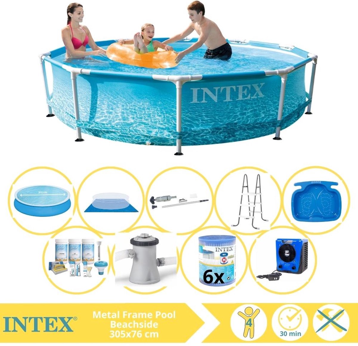 Intex Metal Frame Zwembad - Opzetzwembad - 305x76 cm - Inclusief Solarzeil, Onderhoudspakket, Zwembadpomp, Filter, Grondzeil, Stofzuiger, Trap, Voetenbad en Warmtepomp HS