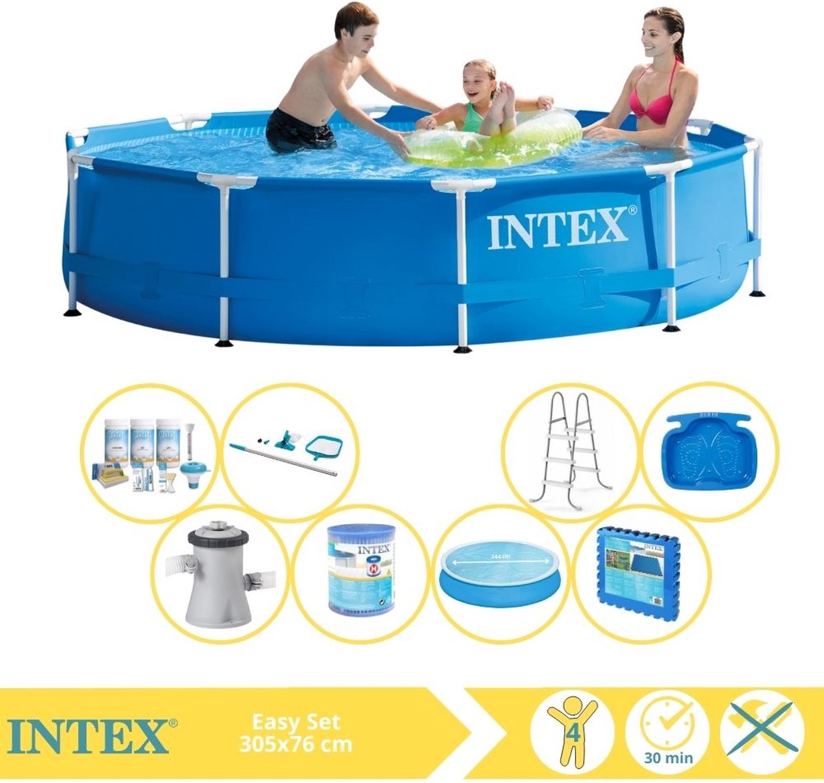   Metal Frame Zwembad - Opzetzwembad - 305x76 cm - Inclusief Solarzeil, Onderhoudspakket, Zwembadpomp, Filter, Onderhoudsset, Trap, Voetenbad en Zwembadtegels