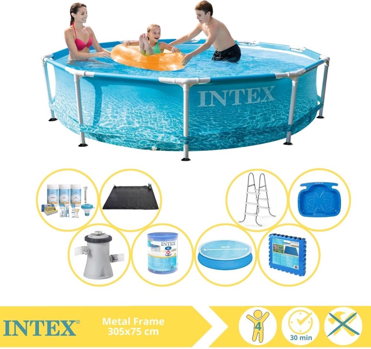   Metal Frame Zwembad - Opzetzwembad - 305x76 cm - Inclusief Solarzeil, Onderhoudspakket, Zwembadpomp, Filter, Solar Mat, Trap, Voetenbad en Zwembadtegels