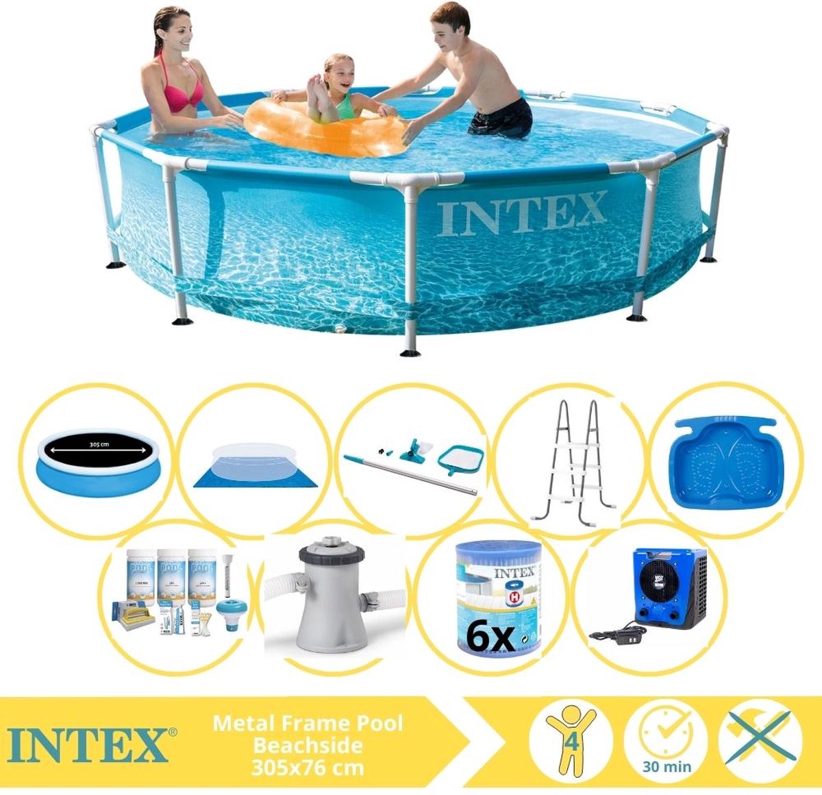 Intex Metal Frame Zwembad - Opzetzwembad - 305x76 cm - Inclusief Solarzeil Pro, Onderhoudspakket, Zwembadpomp, Filter, Grondzeil, Onderhoudsset, Trap, Voetenbad en Warmtepomp HS