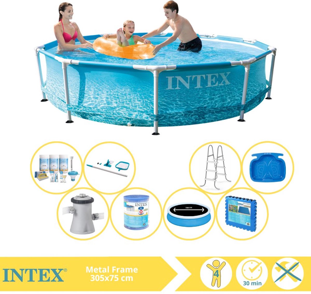   Metal Frame Zwembad - Opzetzwembad - 305x76 cm - Inclusief Solarzeil Pro, Onderhoudspakket, Zwembadpomp, Filter, Onderhoudsset, Trap, Voetenbad en Zwembadtegels