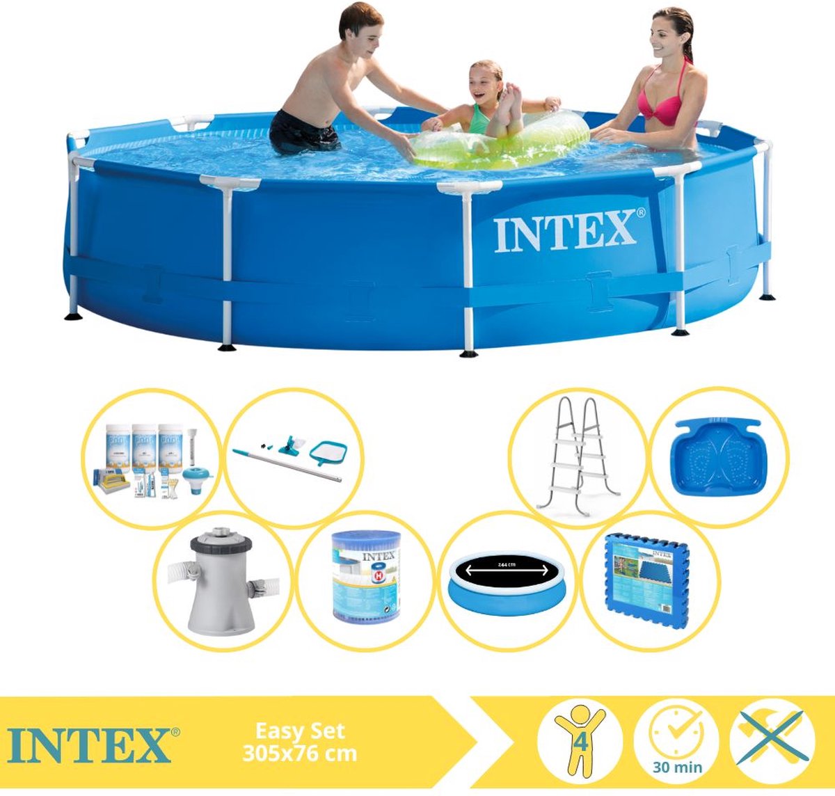   Metal Frame Zwembad - Opzetzwembad - 305x76 cm - Inclusief Solarzeil Pro, Onderhoudspakket, Zwembadpomp, Filter, Onderhoudsset, Trap, Voetenbad en Zwembadtegels