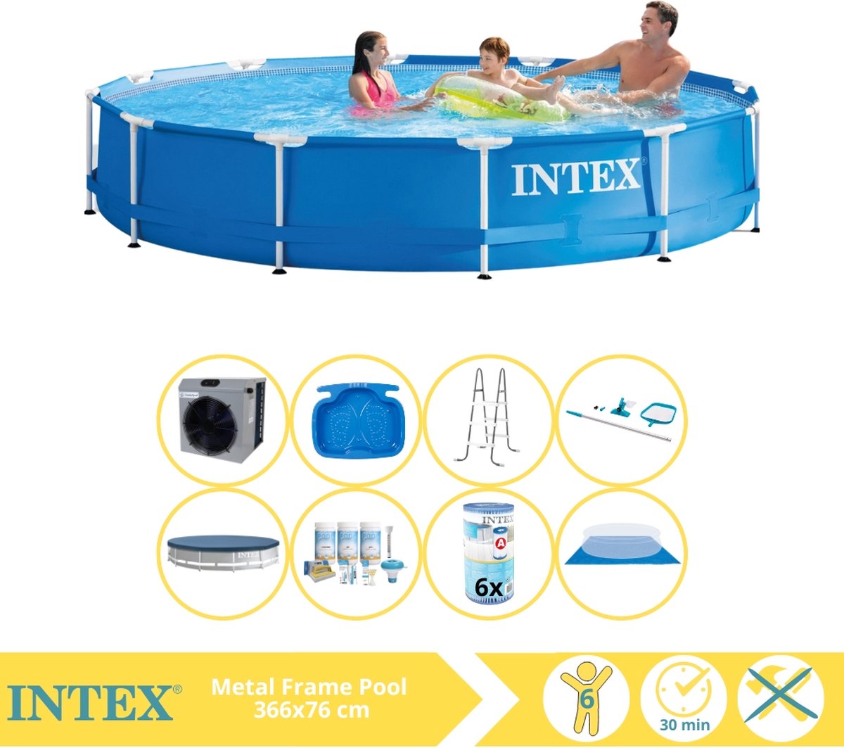 Intex Metal Frame Zwembad - Opzetzwembad - 366x76 cm - Inclusief Afdekzeil, Onderhoudspakket, Filter, Grondzeil, Onderhoudsset, Trap, Voetenbad en Warmtepomp CP