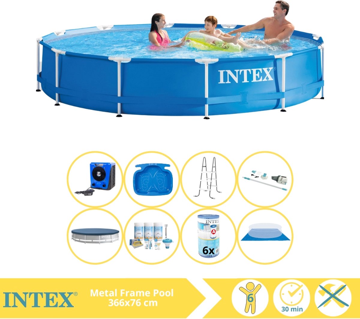   Metal Frame Zwembad - Opzetzwembad - 366x76 cm - Inclusief Afdekzeil, Onderhoudspakket, Filter, Grondzeil, Stofzuiger, Trap, Voetenbad en Warmtepomp HS