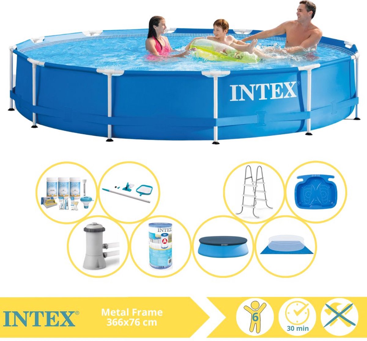   Metal Frame Zwembad - Opzetzwembad - 366x76 cm - Inclusief Afdekzeil, Onderhoudspakket, Zwembadpomp, Filter, Grondzeil, Onderhoudsset, Trap en Voetenbad