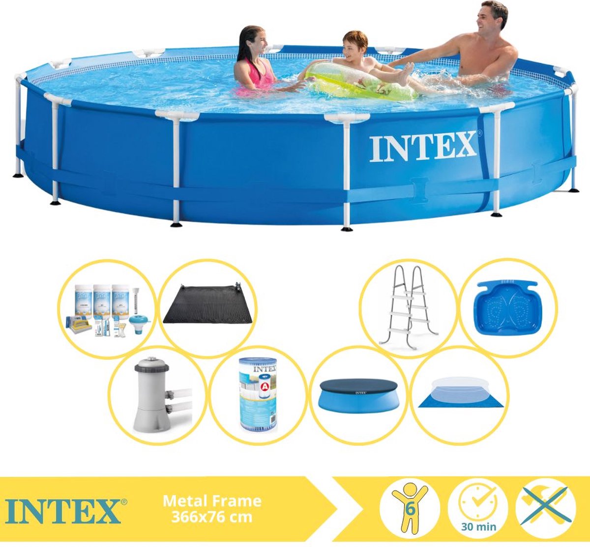   Metal Frame Zwembad - Opzetzwembad - 366x76 cm - Inclusief Afdekzeil, Onderhoudspakket, Zwembadpomp, Filter, Grondzeil, Solar Mat, Trap en Voetenbad