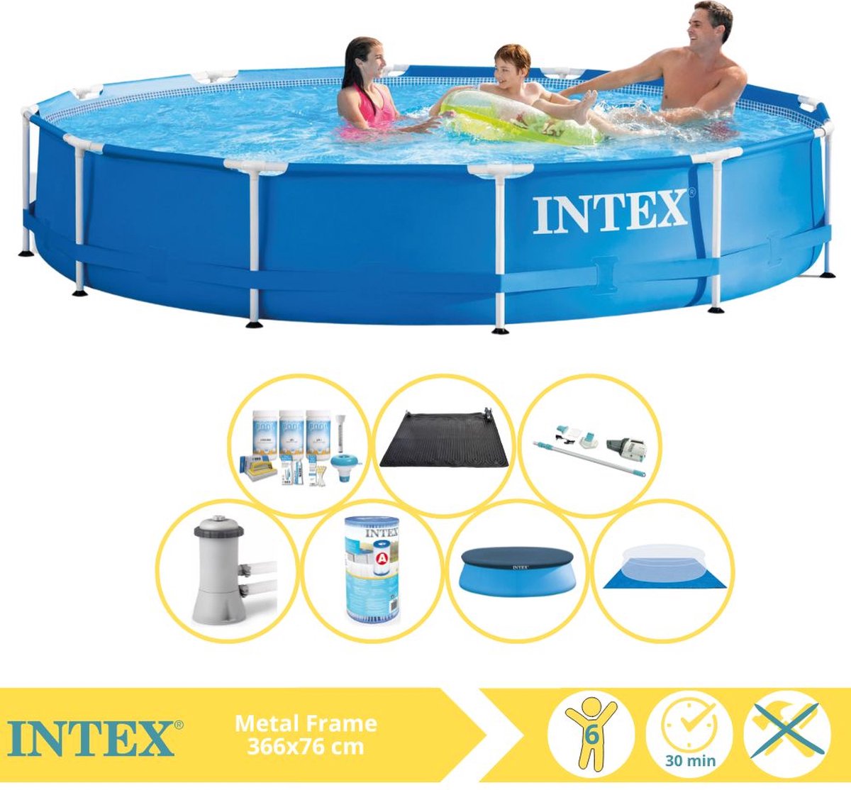 Intex Metal Frame Zwembad - Opzetzwembad - 366x76 cm - Inclusief Afdekzeil, Onderhoudspakket, Zwembadpomp, Filter, Grondzeil, Stofzuiger en Solar Mat