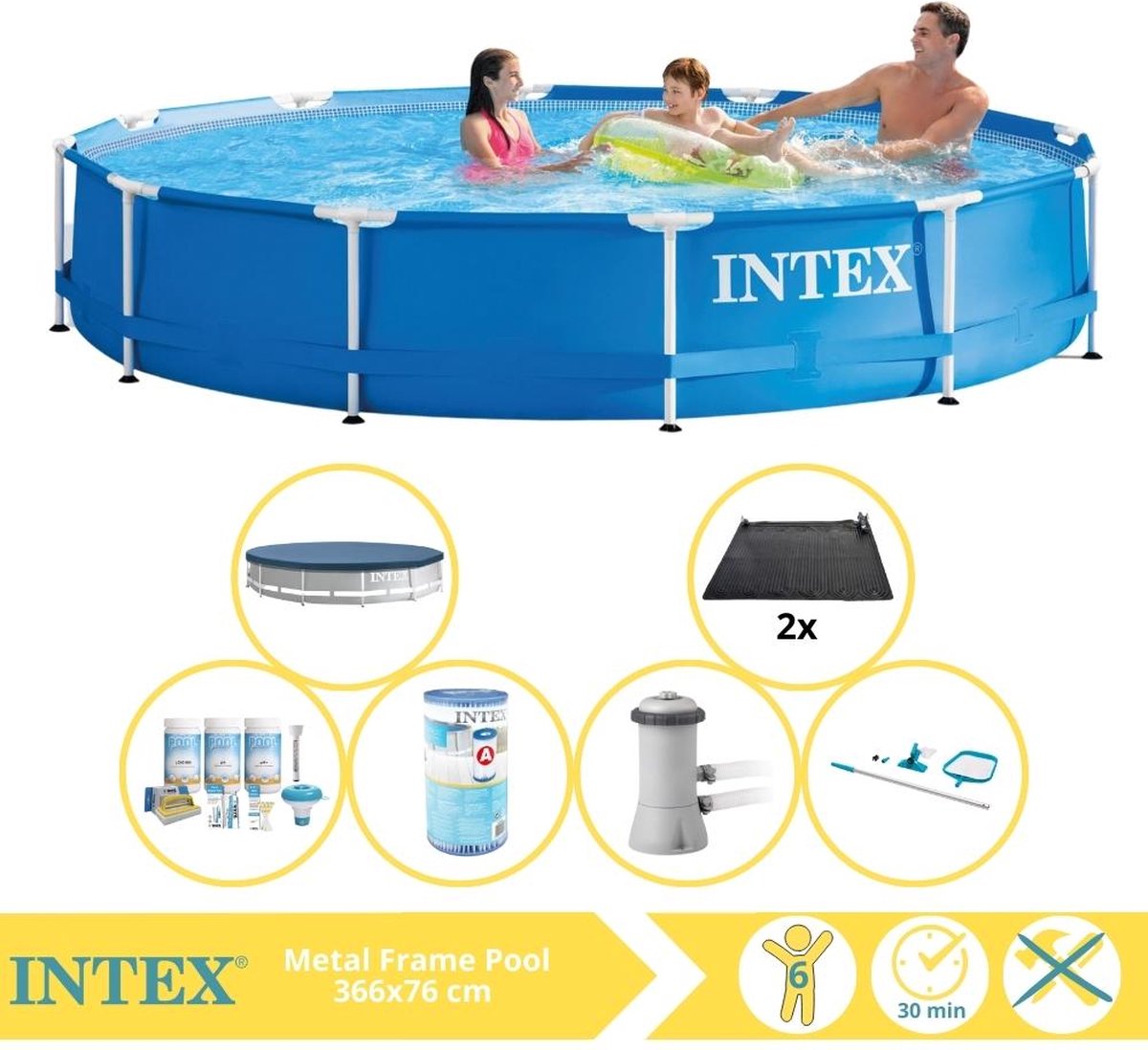 Intex Metal Frame Zwembad - Opzetzwembad - 366x76 cm - Inclusief Afdekzeil, Onderhoudspakket, Zwembadpomp, Filter, Onderhoudsset en Solar Mat