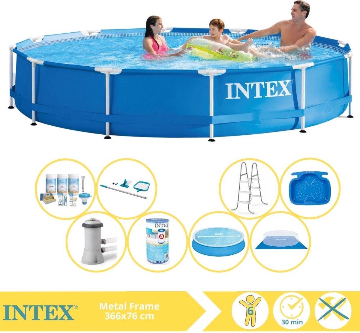   Metal Frame Zwembad - Opzetzwembad - 366x76 cm - Inclusief Solarzeil, Onderhoudspakket, Zwembadpomp, Filter, Grondzeil, Onderhoudsset, Trap en Voetenbad