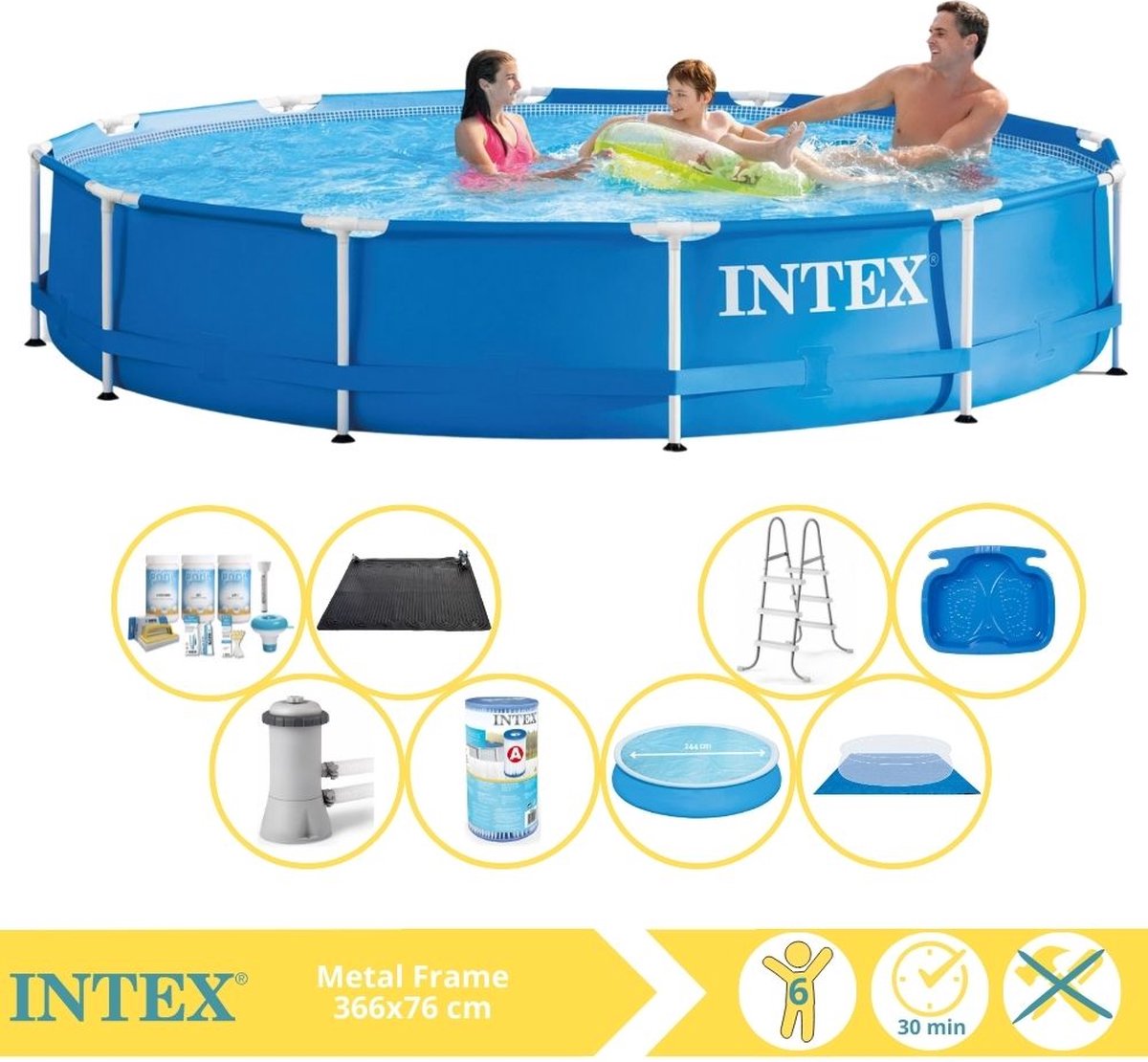   Metal Frame Zwembad - Opzetzwembad - 366x76 cm - Inclusief Solarzeil, Onderhoudspakket, Zwembadpomp, Filter, Grondzeil, Solar Mat, Trap en Voetenbad