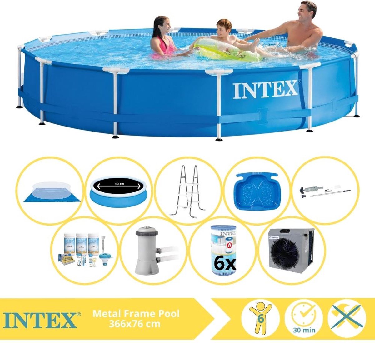 Intex Metal Frame Zwembad - Opzetzwembad - 366x76 cm - Inclusief Solarzeil, Onderhoudspakket, Zwembadpomp, Filter, Grondzeil, Stofzuiger, Trap, Voetenbad en Warmtepomp CP