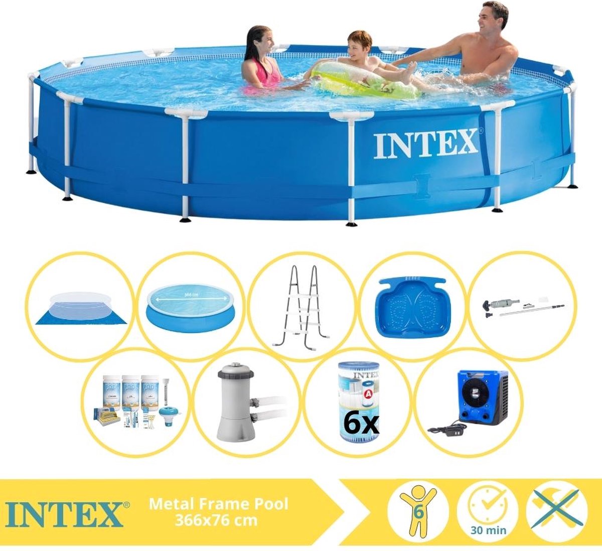 Intex Metal Frame Zwembad - Opzetzwembad - 366x76 cm - Inclusief Solarzeil, Onderhoudspakket, Zwembadpomp, Filter, Grondzeil, Stofzuiger, Trap, Voetenbad en Warmtepomp HS