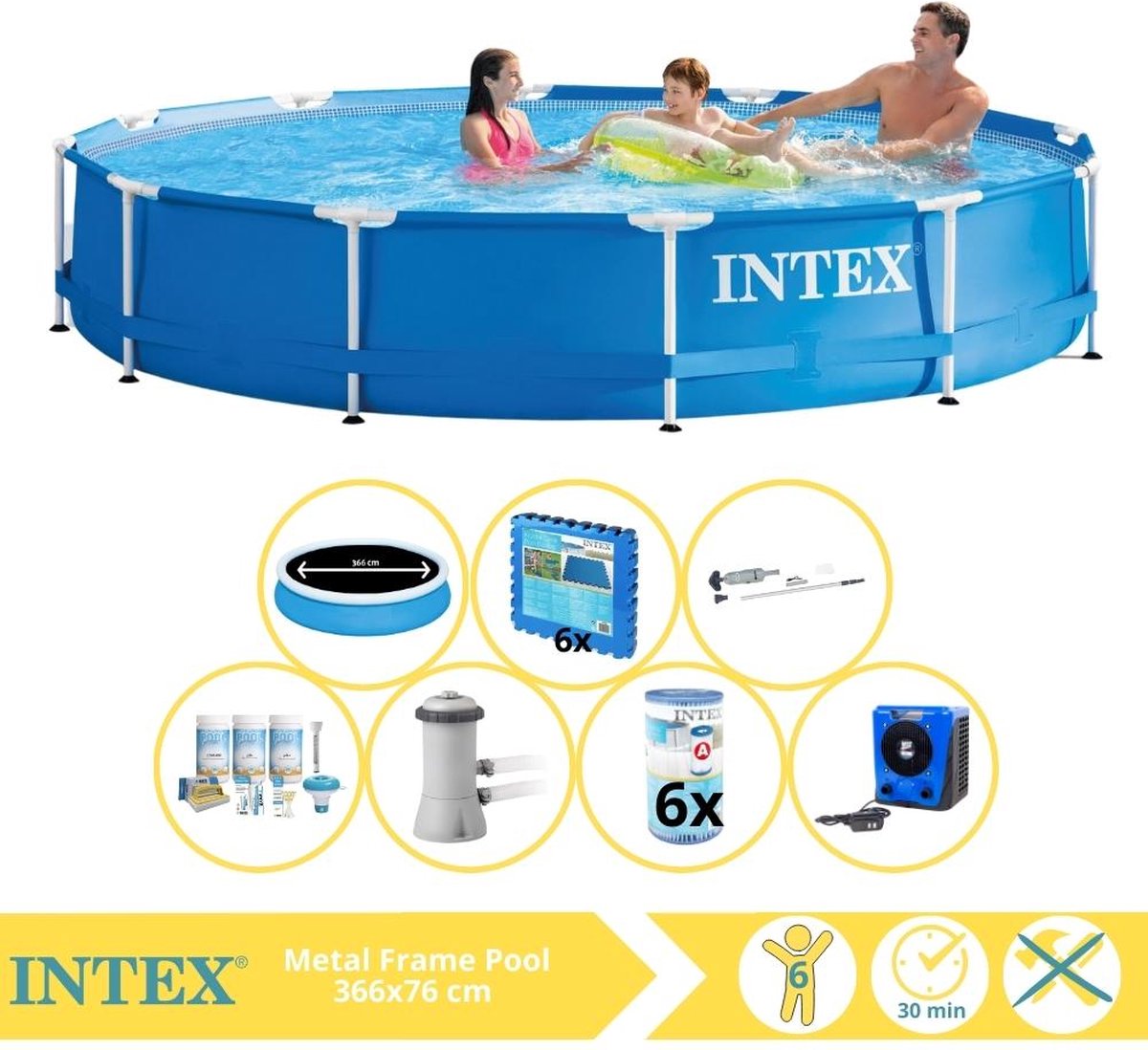 Intex Metal Frame Zwembad - Opzetzwembad - 366x76 cm - Inclusief Solarzeil Pro, Onderhoudspakket, Zwembadpomp, Filter, Stofzuiger, Zwembadtegels en Warmtepomp HS