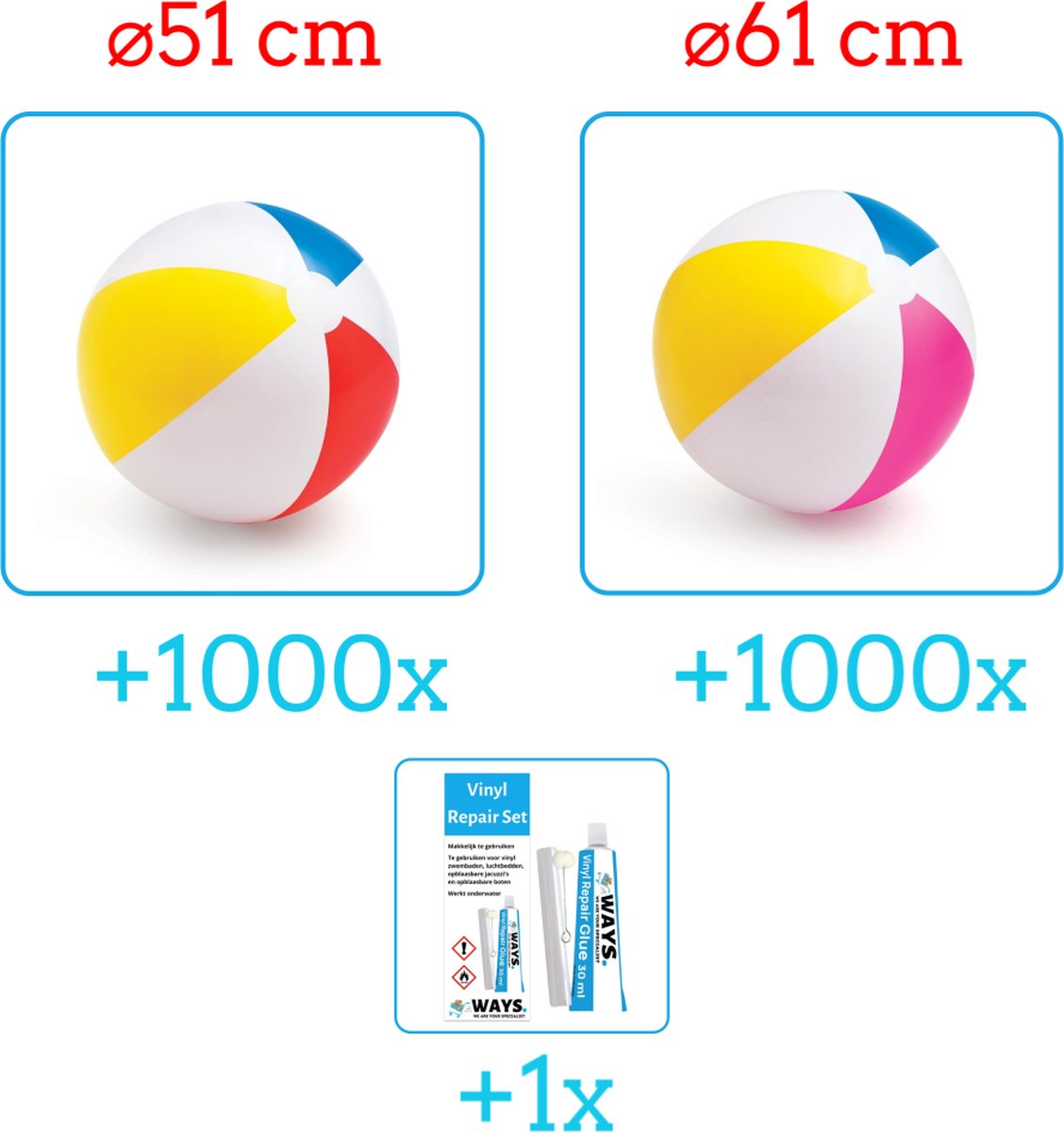   Opblaasbare  len -   Voordeelverpakking - 2 x 1000 stuks -   Jumbo - Diameter 51 en 61 cm - Ideal voor Festivals - Inclusief handig Reparatiesetje