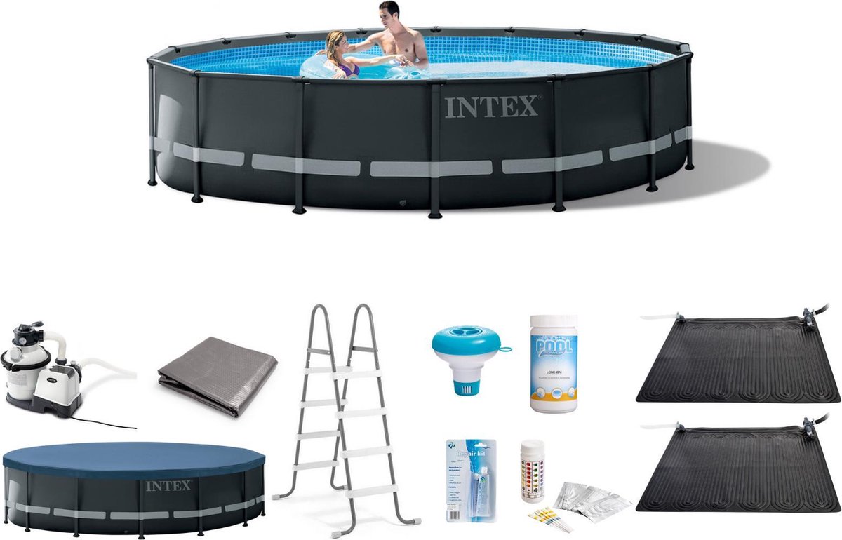 Intex Opzetzwembad - Ultra XTR Frame - 488 x 122 cm - Antraciet - Met accessoires - 2 Verwarmingsmatten