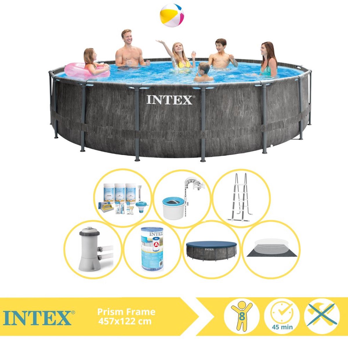 Intex Prism Frame Greywood Zwembad - Opzetzwembad - 457x122 cm - Inclusief Onderhoudspakket, Filter en Skimmer