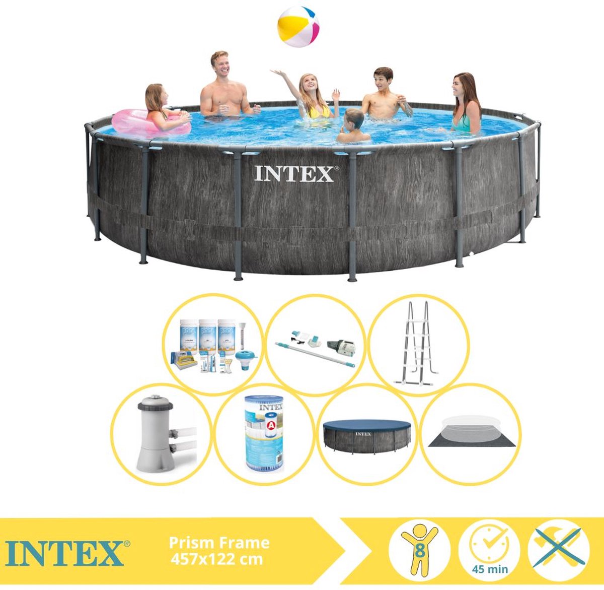 Intex Prism Frame Greywood Zwembad - Opzetzwembad - 457x122 cm - Inclusief Onderhoudspakket, Filter en Stofzuiger