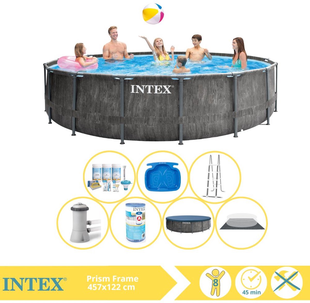 Intex Prism Frame Greywood Zwembad - Opzetzwembad - 457x122 cm - Inclusief Onderhoudspakket, Filter en Voetenbad