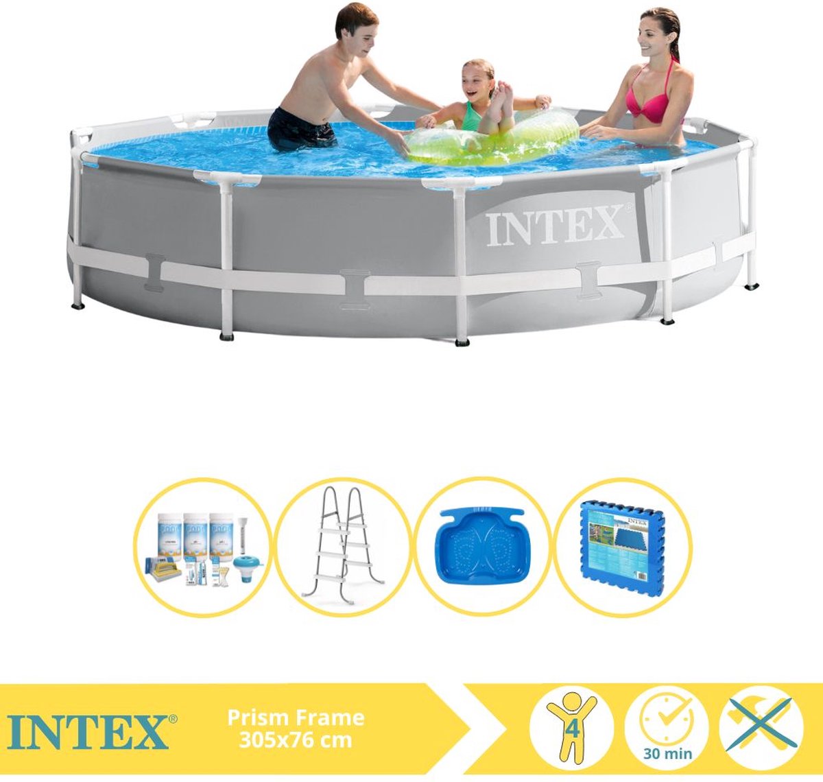 Intex Prism Frame Zwembad - Opzetzwembad - 305x76 cm - Inclusief Onderhoudspakket, Trap, Voetenbad en Zwembadtegels