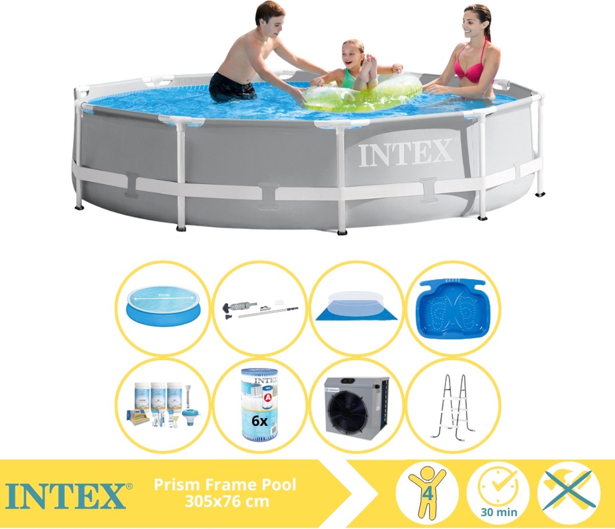   Prism Frame Zwembad - Opzetzwembad - 305x76 cm - Inclusief Solarzeil, Onderhoudspakket, Filter, Grondzeil, Stofzuiger, Trap, Voetenbad en Warmtepomp CP