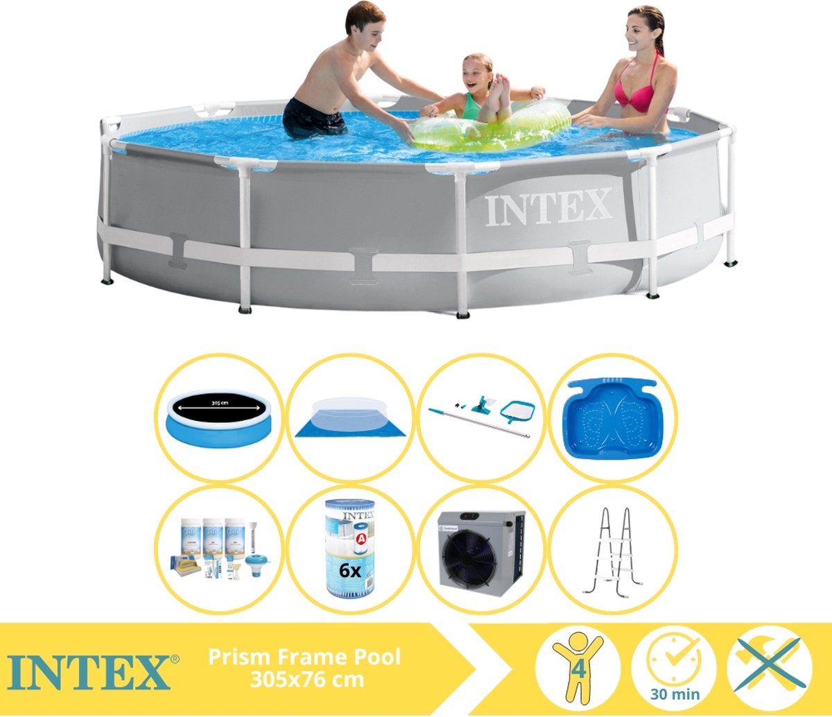   Prism Frame Zwembad - Opzetzwembad - 305x76 cm - Inclusief Solarzeil Pro, Onderhoudspakket, Filter, Grondzeil, Onderhoudsset, Trap, Voetenbad en Warmtepomp CP