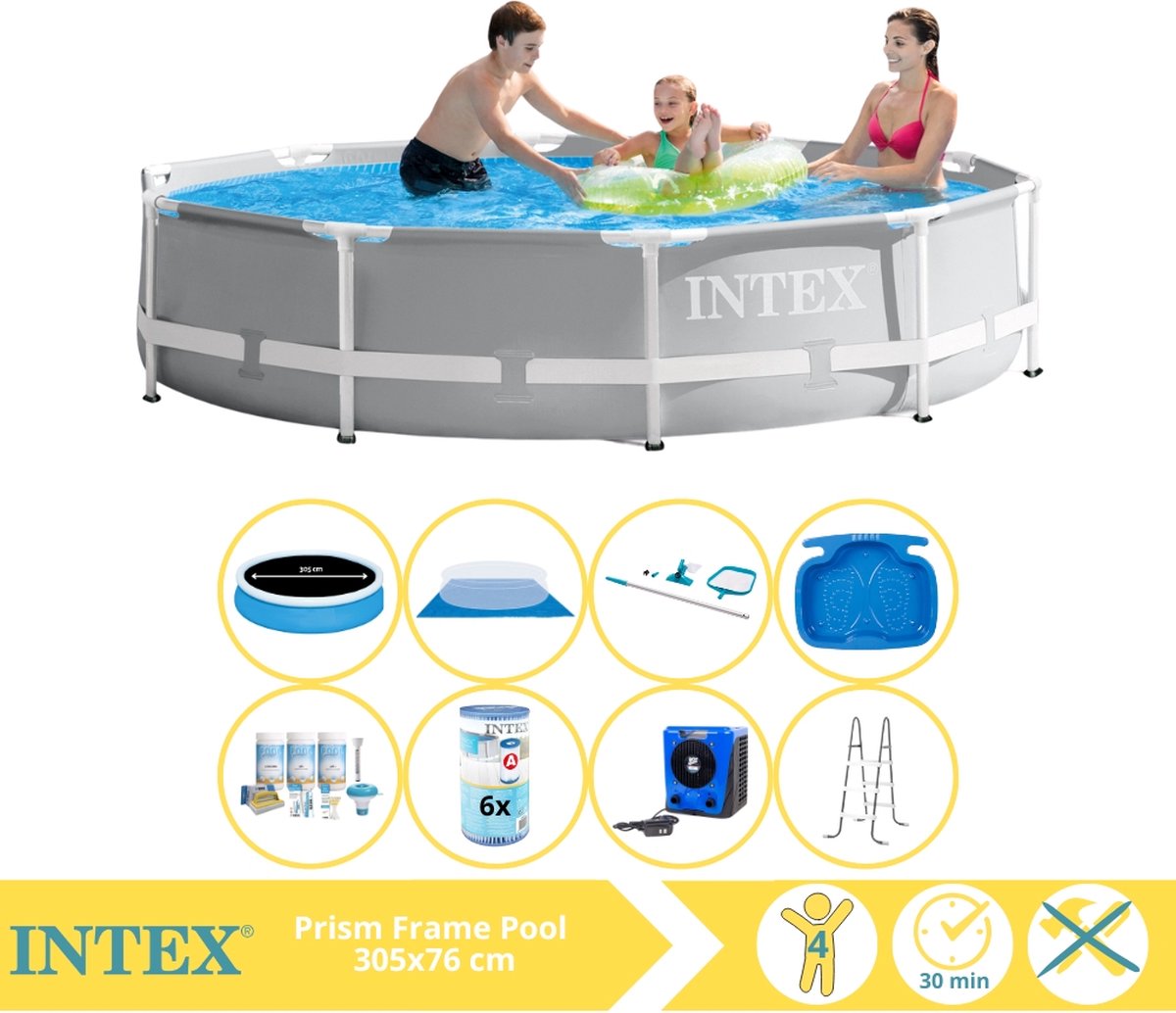   Prism Frame Zwembad - Opzetzwembad - 305x76 cm - Inclusief Solarzeil Pro, Onderhoudspakket, Filter, Grondzeil, Onderhoudsset, Trap, Voetenbad en Warmtepomp HS